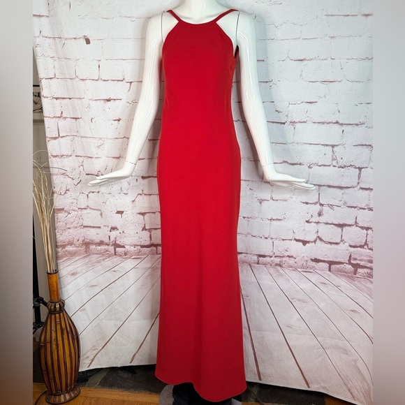 CALVIN KLEIN Halter Neck Size 4 Red Crepe Floor Length Maxi Gown Prom Dress - Picture 12 of 16